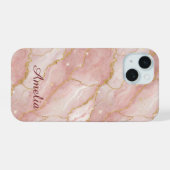 Personalized Modern Rose Quartz Marble Gold iPhone 15 Case (Achterkant horizontaal)