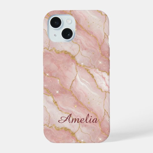Personalized Modern Rose Quartz Marble Gold iPhone 15 Case (Achterkant)