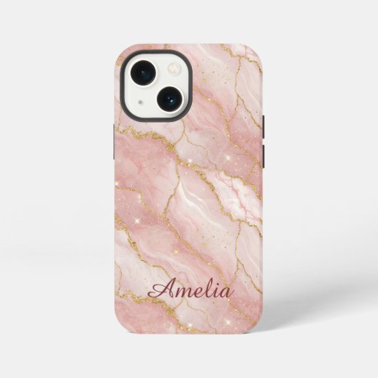 Personalized Modern Rose Quartz Marble Gold iPhone Hoesje (Achterkant)