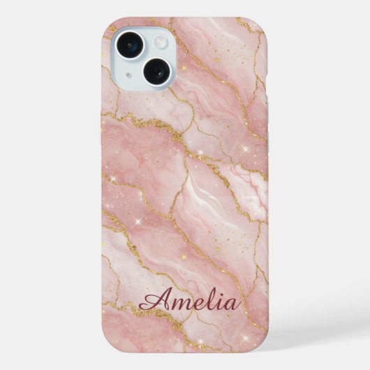 Personalized Modern Rose Quartz Marble Gold iPhone Hoesje (Achterkant)