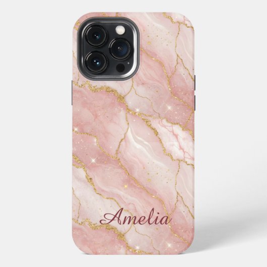 Personalized Modern Rose Quartz Marble Gold iPhone Hoesje (Achterkant)