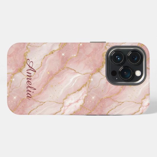 Personalized Modern Rose Quartz Marble Gold iPhone Hoesje (Achterkant horizontaal)