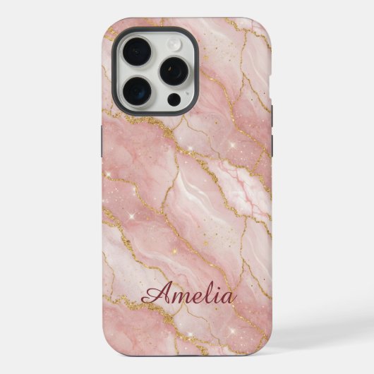 Personalized Modern Rose Quartz Marble Gold iPhone Hoesje (Achterkant)