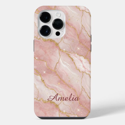 Personalized Modern Rose Quartz Marble Gold iPhone Hoesje (Achterkant)