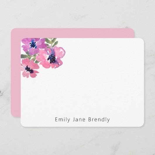 Personalized Modern Watercolor Pink Floral  Notitiekaartje (Voorkant / Achterkant)