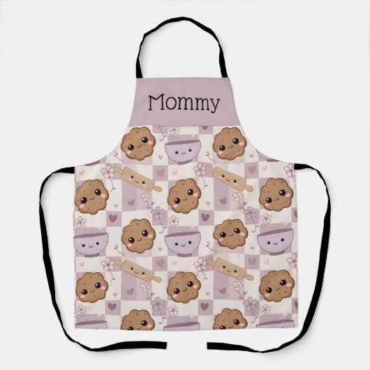 Personalized Mom Apron Kawaii Cookie Gingham Bake Schort (Voorkant)