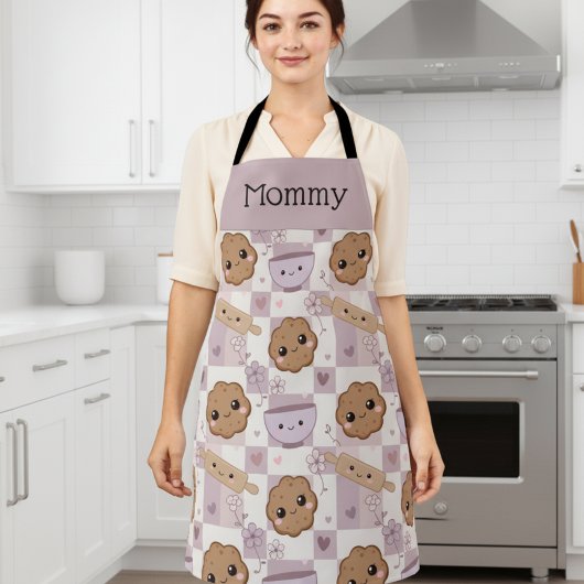 Personalized Mom Apron Kawaii Cookie Gingham Bake Schort