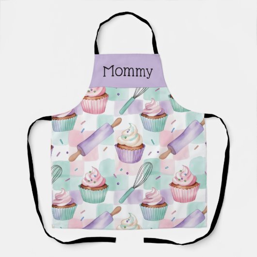 Personalized Mom Lavender Teal Cupcake Baking Crew Schort (Voorkant)