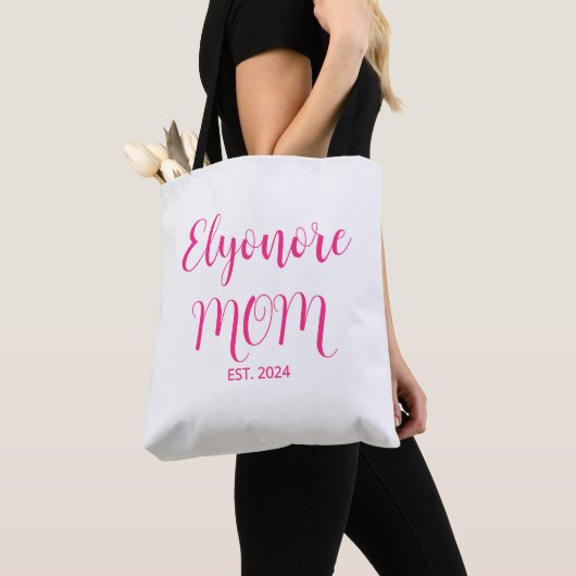 Personalized Mom Name Established Date Pink Script Tote Bag (Dichtbij)