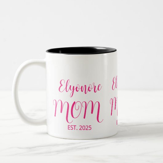 Personalized Mom Name Established Pink Script  Tweekleurige Koffiemok (Links)