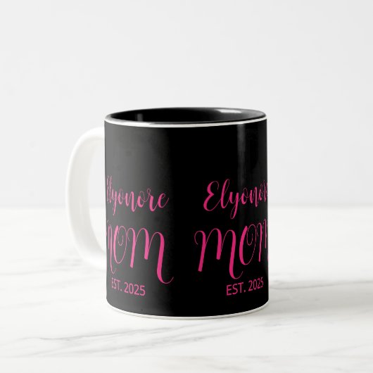 Personalized Mom Name Established Pink Script  Tweekleurige Koffiemok (Voorkant links)