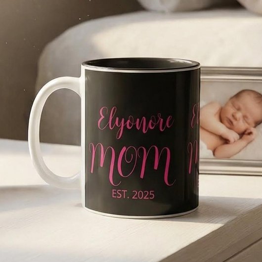 Personalized Mom Name Established Pink Script  Tweekleurige Koffiemok