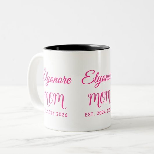 Personalized Mom Name Two Date Pink Script Tweekleurige Koffiemok (Voorkant links)