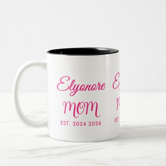 Personalized Mom Name Two Date Pink Script Tweekleurige Koffiemok (Links)
