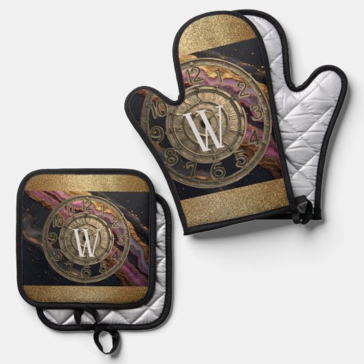 Personalized Monogram Agate Pink Rustic Metal Luxe Ovenwant & Pannenlap Set (Voorkant / Achterkant)