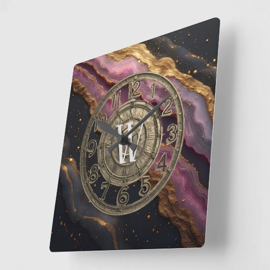 Personalized Monogram Agate Pink Rustic Metal Luxe Vierkante Klok (Hoek)