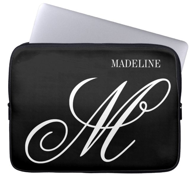 Personalized monogram elegant black and white laptop sleeve (Voorkant)