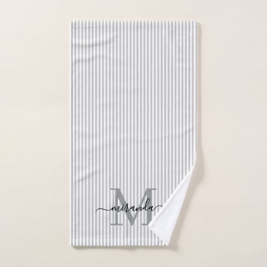 Personalized Monogram Gray & White Stripes Bad Handdoek (Handdoek)