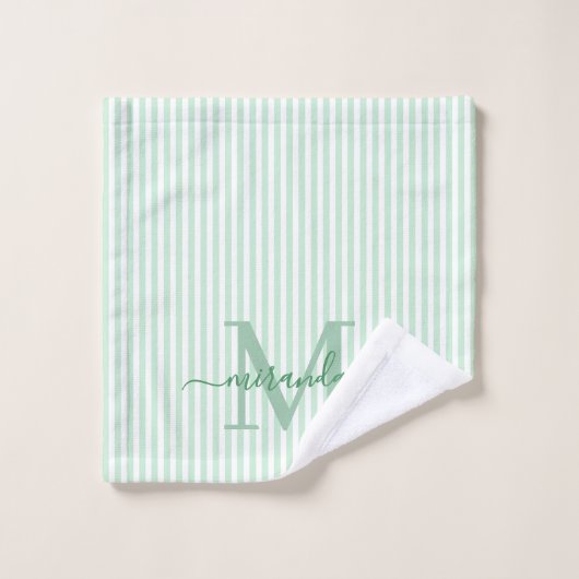Personalized Monogram Green & White Stripes Bad Handdoek (Wasdoekje)