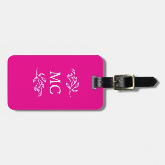 Personalized Monogram Initials Botanical Leaf Pink Bagagelabel (Voorkant horizontaal)