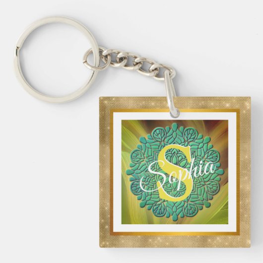 Personalized Monogram Mandala Gold and Blue Sleutelhanger (Voorkant)