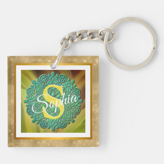 Personalized Monogram Mandala Gold and Blue Sleutelhanger (Achterkant)