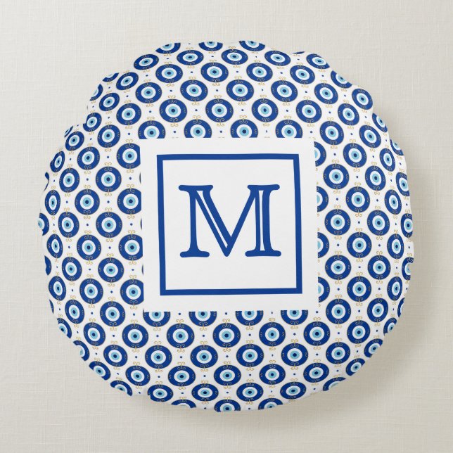 Personalized Monogram Modern Evil Eye Pattern  Rond Kussen (Voorkant)