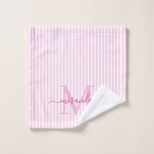 Personalized Monogram Pink & White Stripes Bad Handdoek (Wasdoekje)