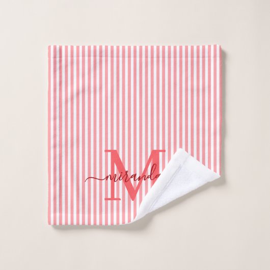 Personalized Monogram Red & White Stripes Bad Handdoek (Wasdoekje)