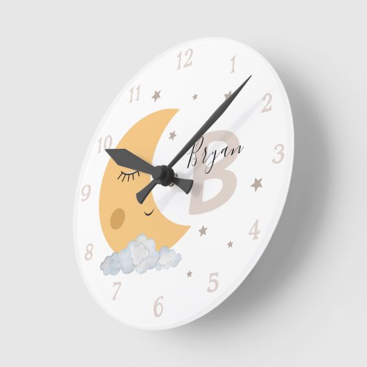Personalized Moon Nursery Wall Clock Neutral Beige Ronde Klok (Hoek)