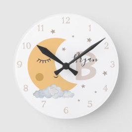 Personalized Moon Nursery Wall Clock Neutral Beige Ronde Klok