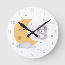 Personalized Moon & Stars Nursery Clock Lavender Ronde Klok