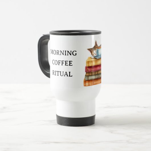 Personalized Morning Coffee Cat Ritual Cozy Reisbeker (Voorkant links)