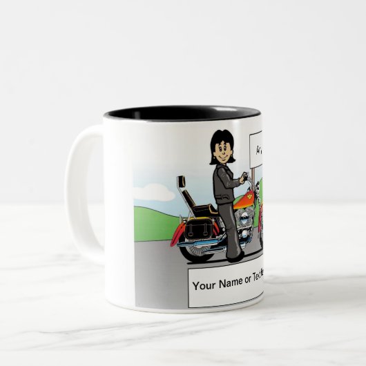 Personalized Motorcycle - Female Cartoon Tweekleurige Koffiemok (Voorkant links)