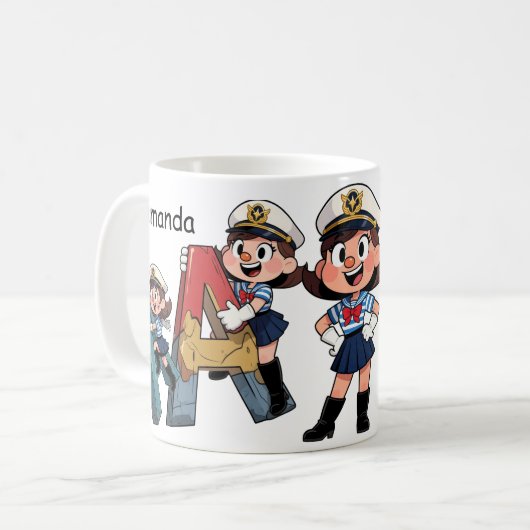 Personalized  Name & A Sailor Cartoon Character  Koffiemok (Voorkant links)