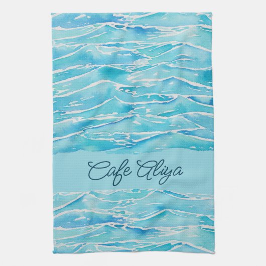 Personalized Name Beach Waves Watercolor Novelty Theedoek (Verticaal)