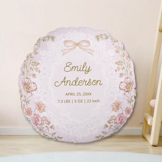 Personalized Name Birth Stats Watercolor Floral Rond Kussen