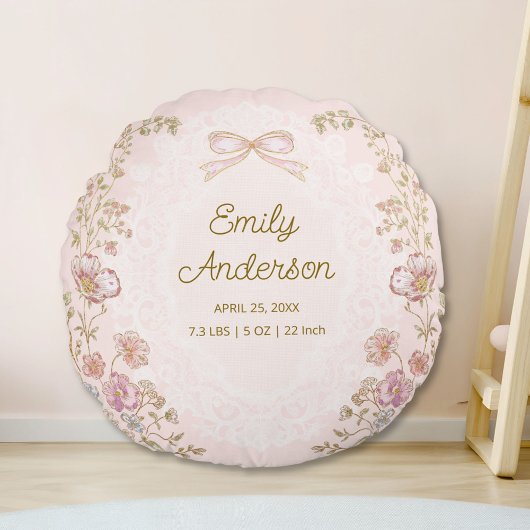 Personalized Name Birth Stats Watercolor Floral Rond Kussen