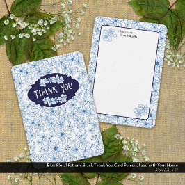 Personalized Name Blue Floral Pattern, Blank Bedankkaart