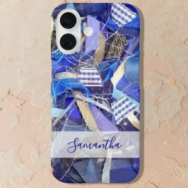 Personalized Name Blue White Lilac Abstract Stripe iPhone 16 Hoesje
