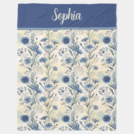 Personalized Name Blue Wildflowers Fleece Deken (Voorkant)