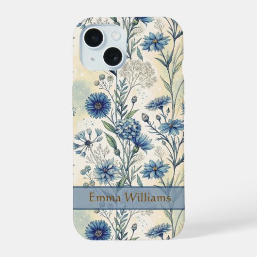 Personalized Name Blue Wildflowers iPhone 15 Case (Achterkant)