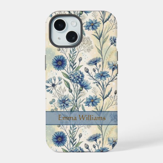 Personalized Name Blue Wildflowers iPhone 15 Case (Achterkant)