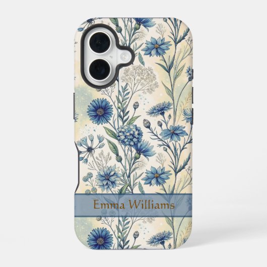 Personalized Name Blue Wildflowers iPhone 16 Hoesje (Achterkant)