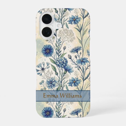 Personalized Name Blue Wildflowers iPhone 16 Hoesje (Achterkant)