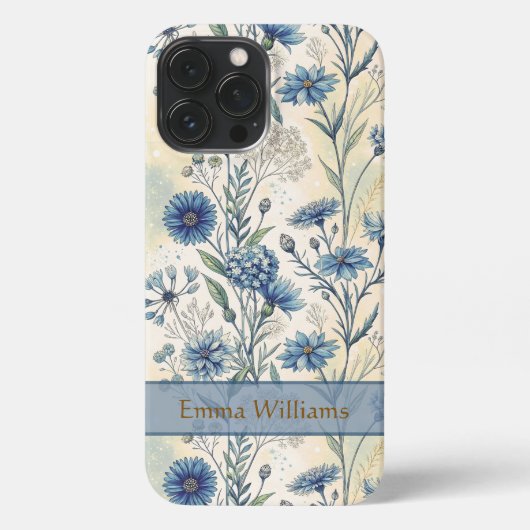 Personalized Name Blue Wildflowers iPhone Hoesje (Achterkant)