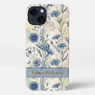 Personalized Name Blue Wildflowers iPhone 13 Hoesje