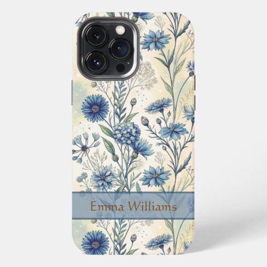 Personalized Name Blue Wildflowers iPhone Hoesje (Achterkant)