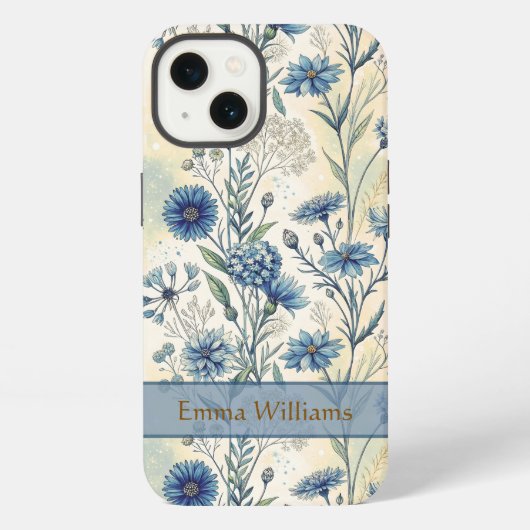 Personalized Name Blue Wildflowers iPhone Hoesje (Achterkant)
