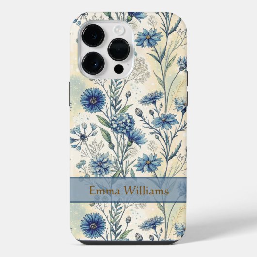 Personalized Name Blue Wildflowers iPhone Hoesje (Achterkant)